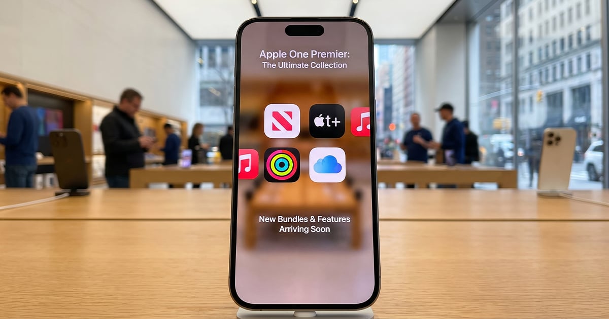 iPhone displayed in an Apple Store showing "Apple One Premier: The Ultimate Collection" with app icons for News+, TV+, Music, Fitness+, Arcade, and iCloud.