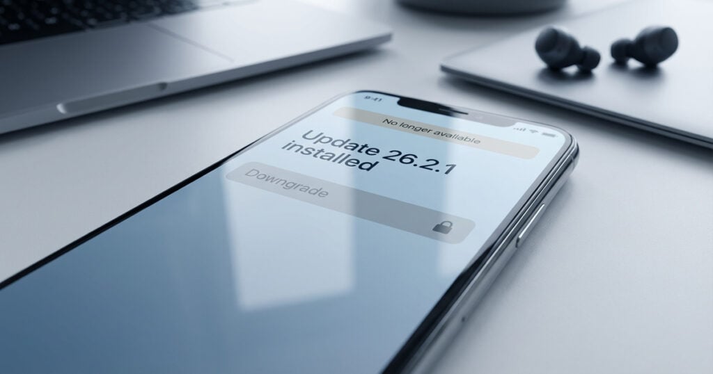 Smartphone on a desk displaying a system message that iOS 26.2.1 has been installed and downgrade is no longer available, with a laptop and earbuds in the background.
