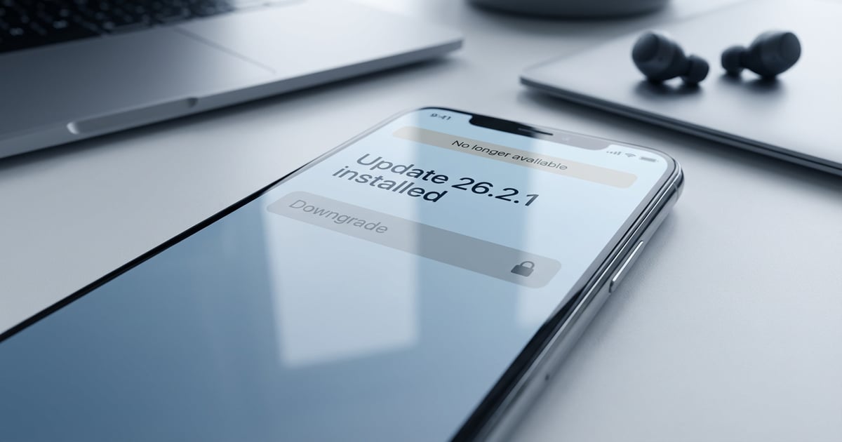 Smartphone on a desk displaying a system message that iOS 26.2.1 has been installed and downgrade is no longer available, with a laptop and earbuds in the background.
