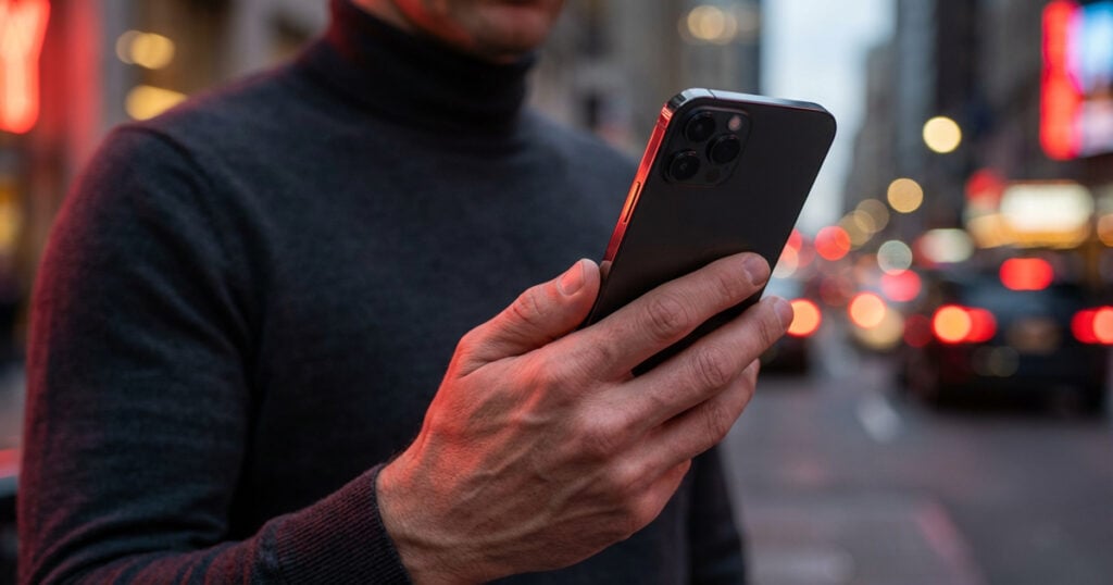 Person holding an iPhone while standing on a city street at night with blurred traffic lights in the background