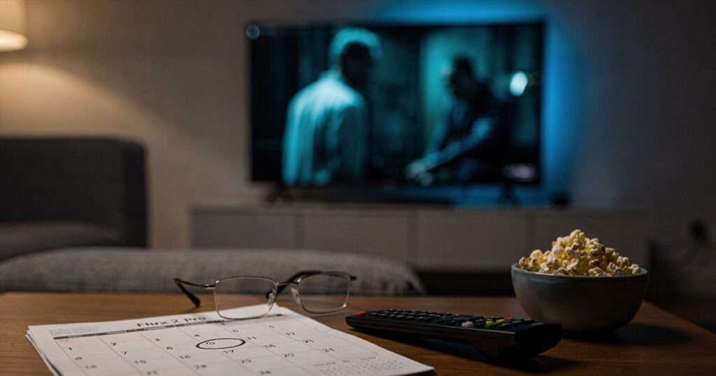 Eyeglasses resting on a February 2026 calendar with a circled date, a TV remote, and a bowl of popcorn on a coffee table, with a blurred thriller scene playing on a television in the background.