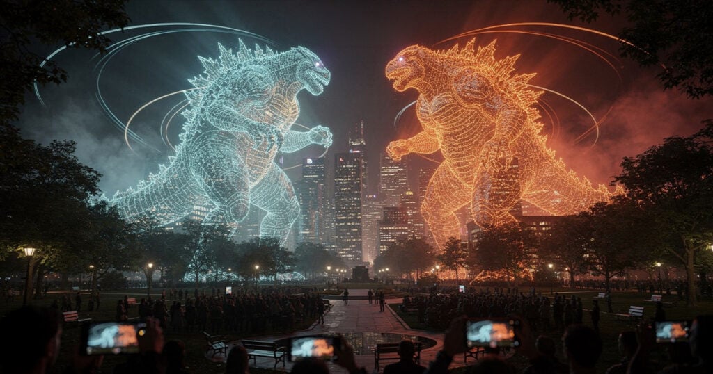 Massive drone light show featuring Godzilla and Kong facing off above a city skyline at night