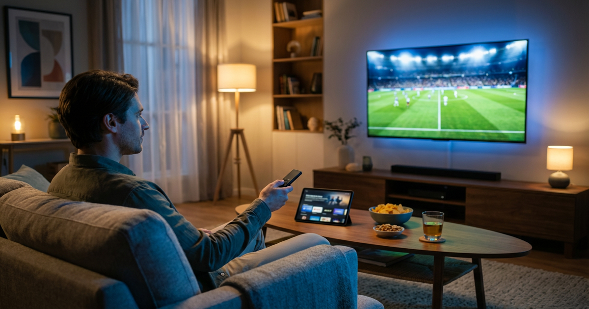 Man watching live football match on flat screen TV at home with Apple TV interface visible on tablet and remote in hand.