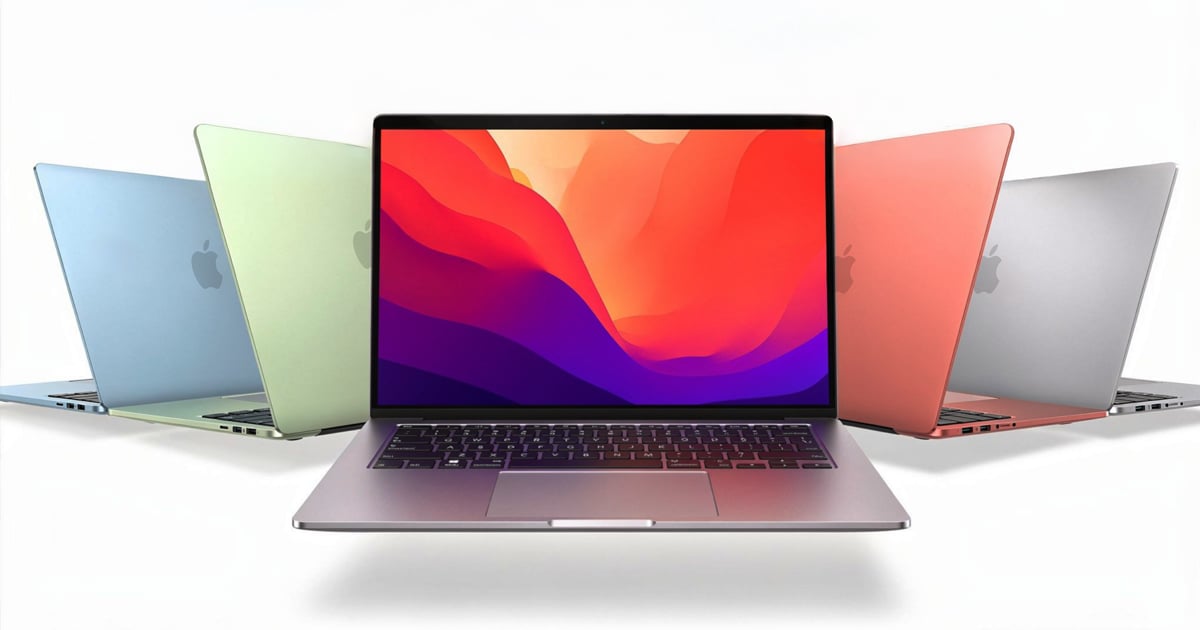 Apple MacBook Air shown in multiple colorful finishes including blue, green, pink, and silver