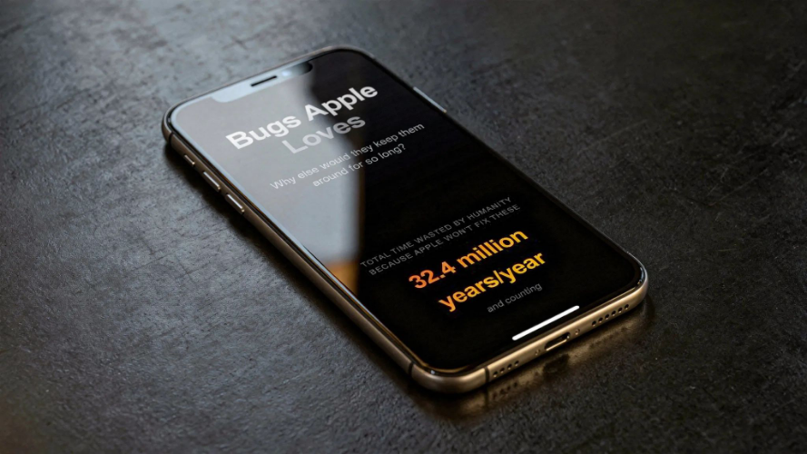 Smartphone on a dark surface displaying a bold headline reading “Bugs Apple Loves” and a statistic about 32.4 million years wasted.