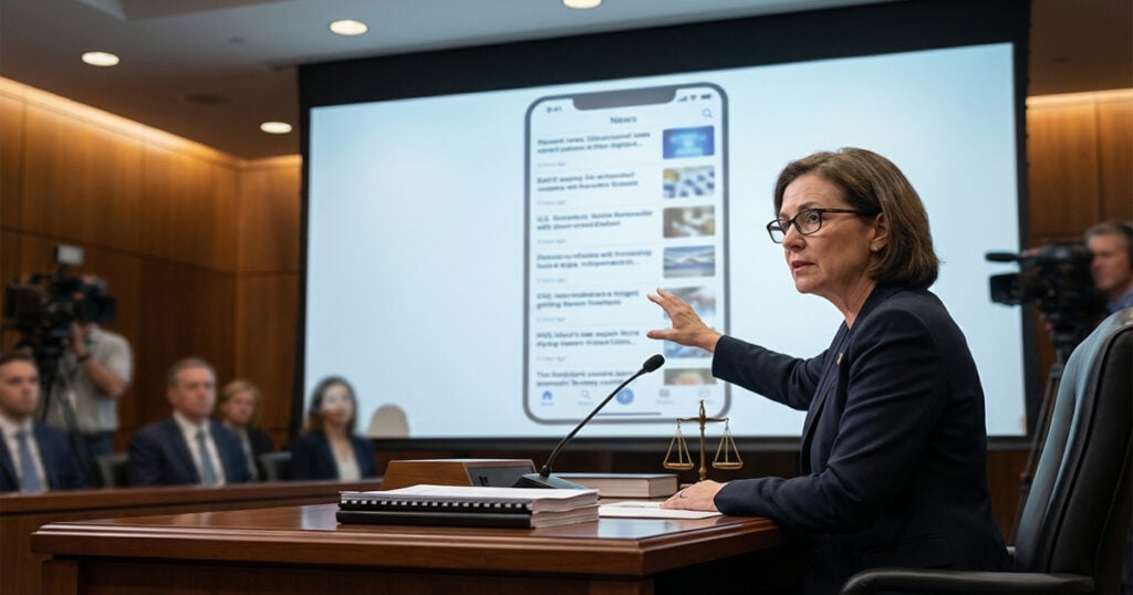 Woman speaking at a formal hearing while gesturing toward a large screen displaying a smartphone news app interface, with attendees and cameras in the background.
