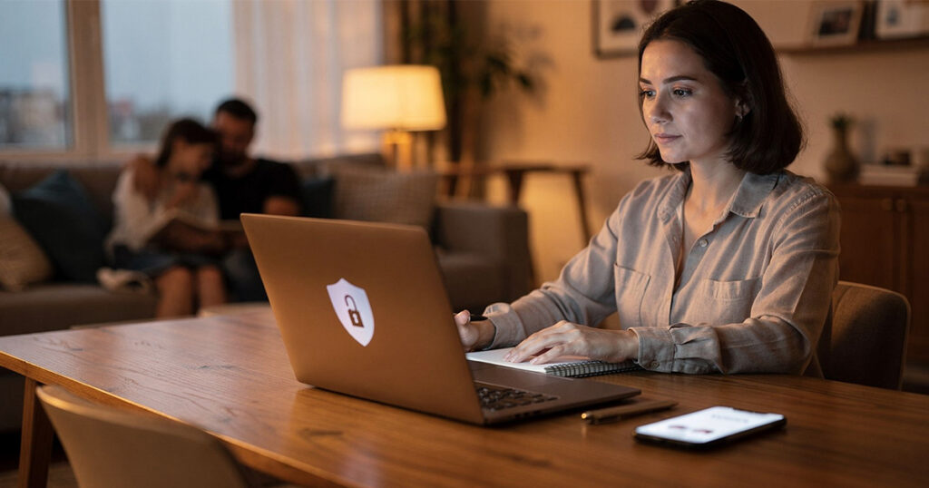 Woman using laptop with security shield icon at home while family sits in background