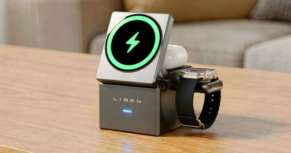 LISEN 3-in-1 MagSafe charger with active cooling charging an iPhone, Apple Watch, and AirPods on a wooden table
