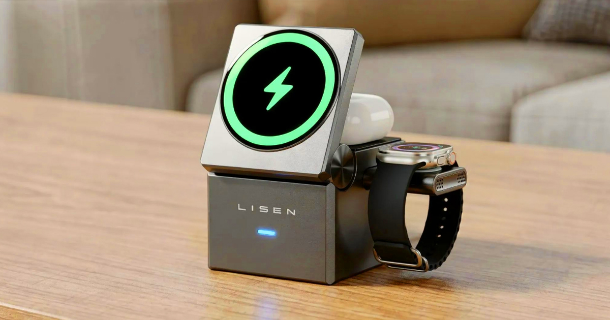 LISEN 3-in-1 MagSafe charger with active cooling charging an iPhone, Apple Watch, and AirPods on a wooden table