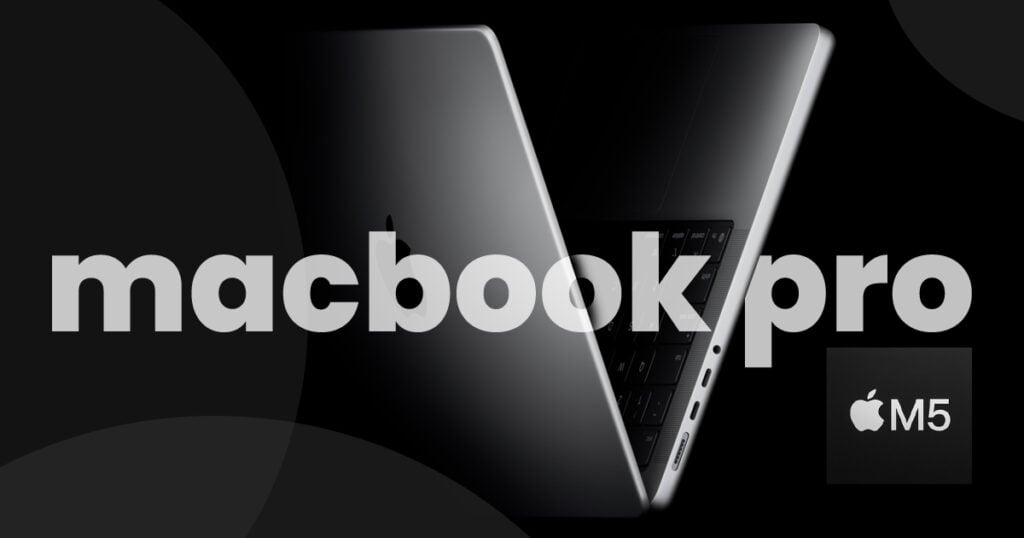 MacBook Pro shown partially open against a dark background with “MacBook Pro” text and Apple M5 branding