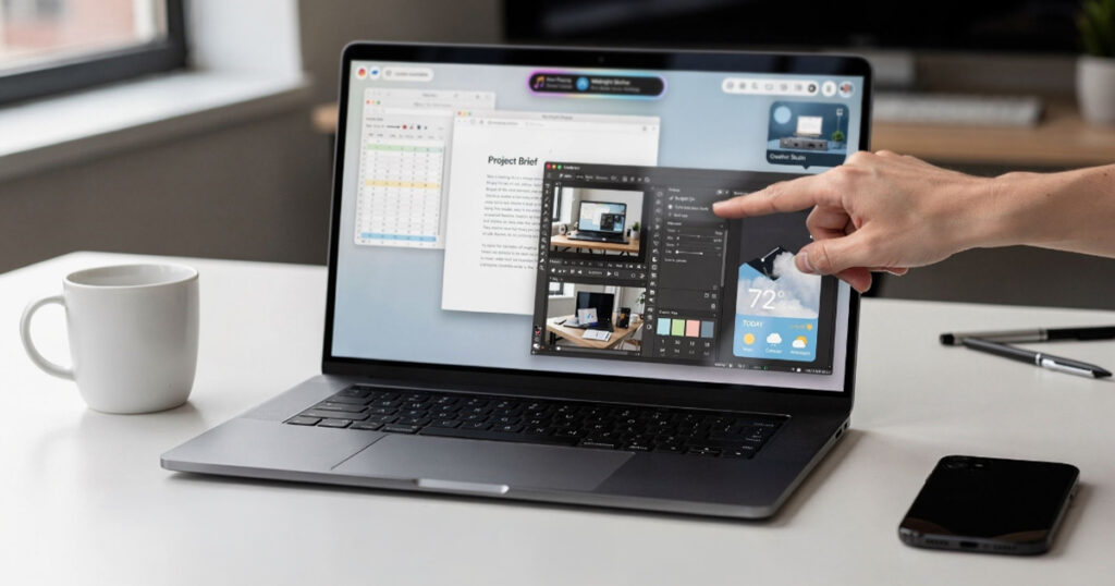 A person's hand touching the screen of a MacBook Pro featuring a Dynamic Island at the top of the display and multiple open application windows on a white desk.