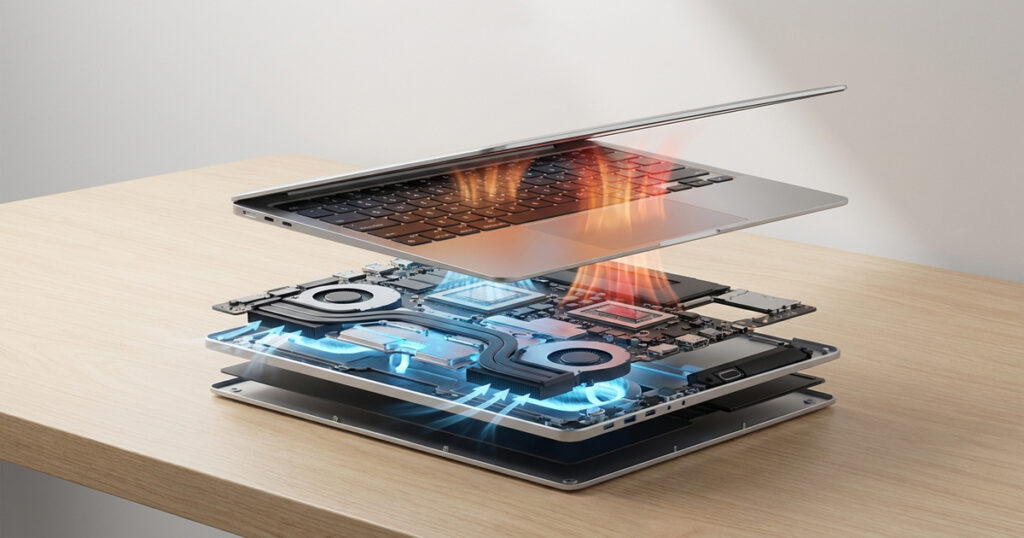 Exploded view of a thin laptop showing internal components, processor heat in red, and blue airflow from dual cooling fans on a wooden desk