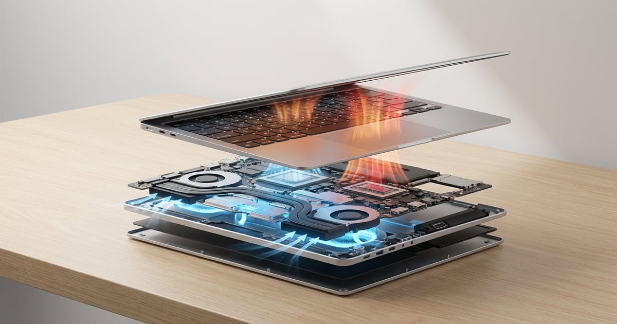 Exploded view of a thin laptop showing internal components, processor heat in red, and blue airflow from dual cooling fans on a wooden desk