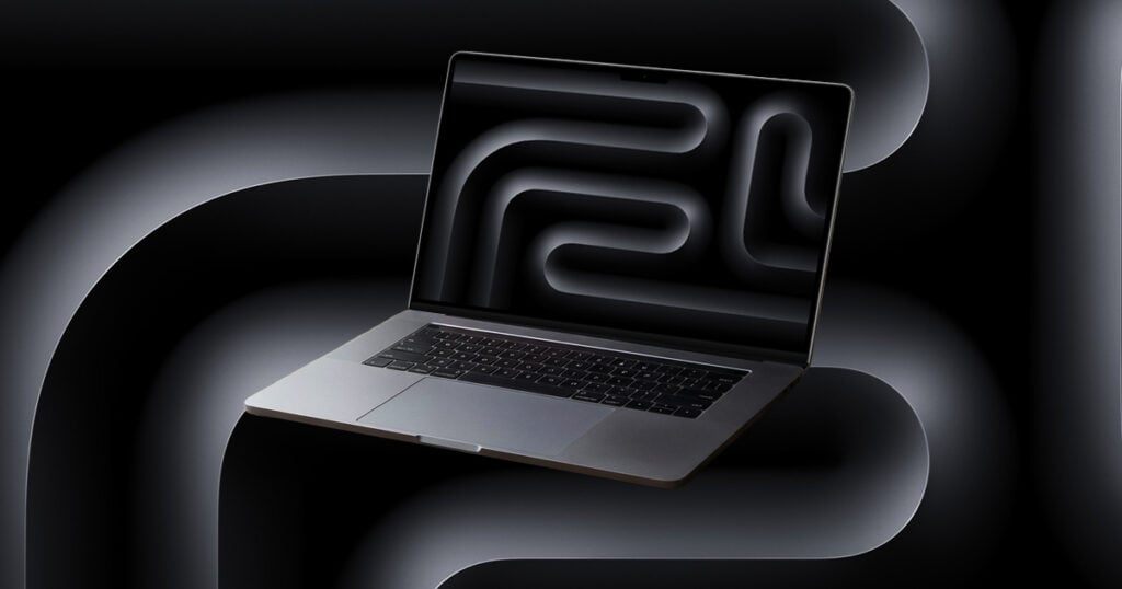 Open MacBook Pro laptop floating against a dark abstract background with a minimalist glowing pattern on the display