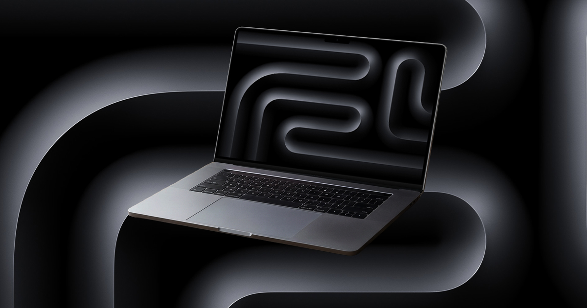Open MacBook Pro laptop floating against a dark abstract background with a minimalist glowing pattern on the display