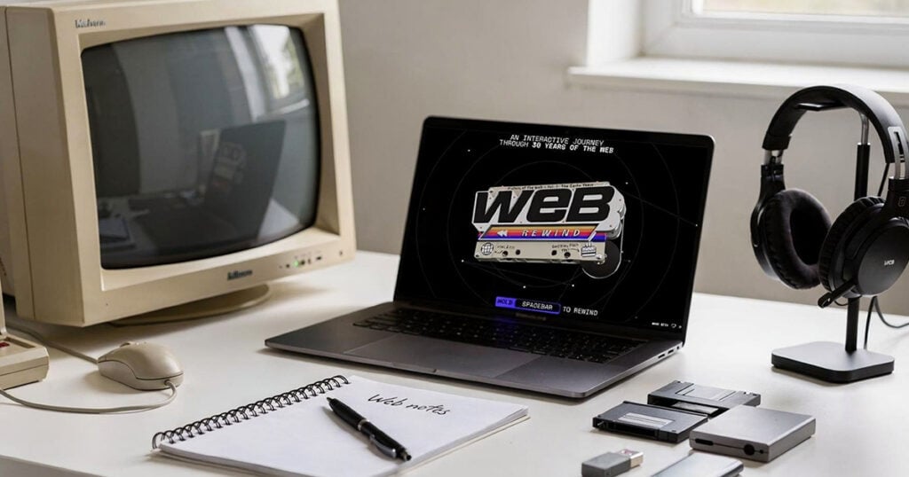 Retro computer setup with a vintage CRT monitor, laptop displaying Web Rewind interface, floppy disks, and headphones on a desk.