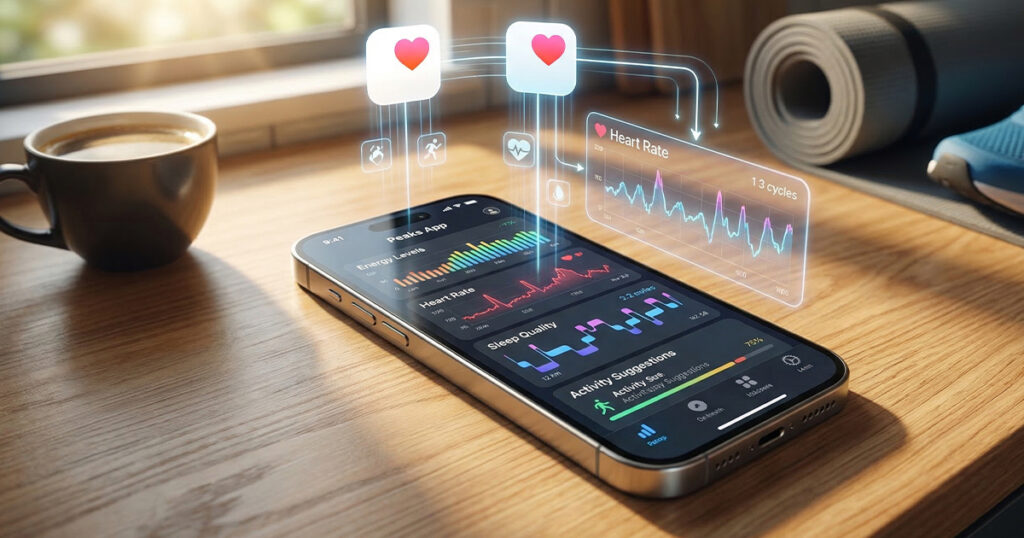A smartphone on a wooden desk displaying the Peaks App interface with holographic data overlays showing heart rate graphs, sleep quality, and energy levels next to a cup of coffee and a yoga mat.