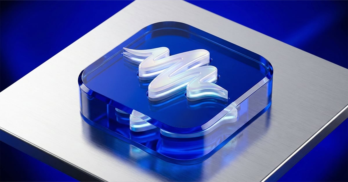 Abstract 3D speech or audio icon on a blue glass button representing AI voice technology