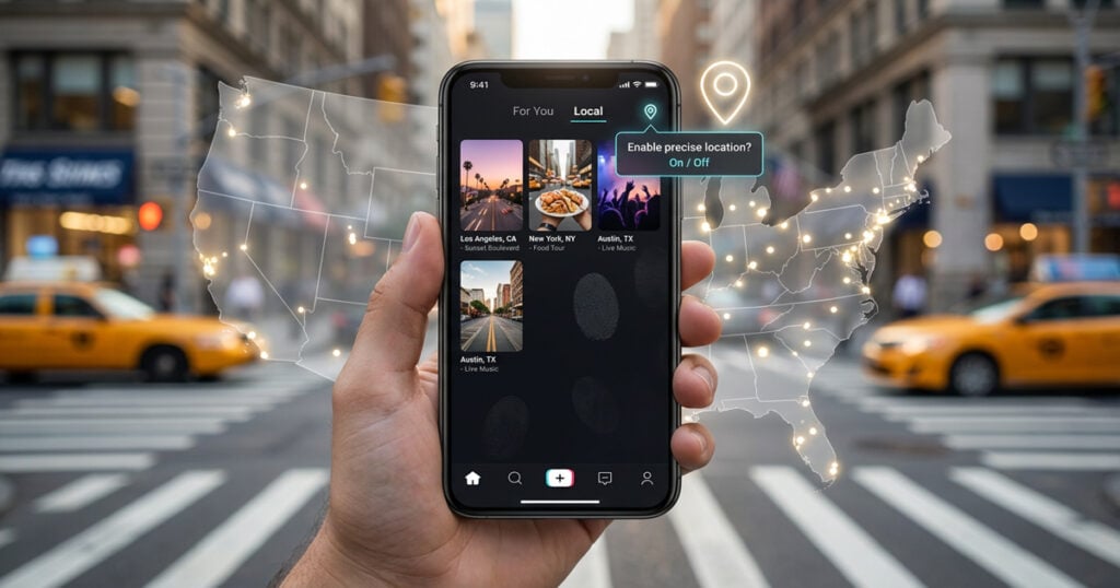 Hand holding a smartphone displaying a local content feed with U.S. map overlay and glowing location points, set against a blurred city street with yellow taxis.