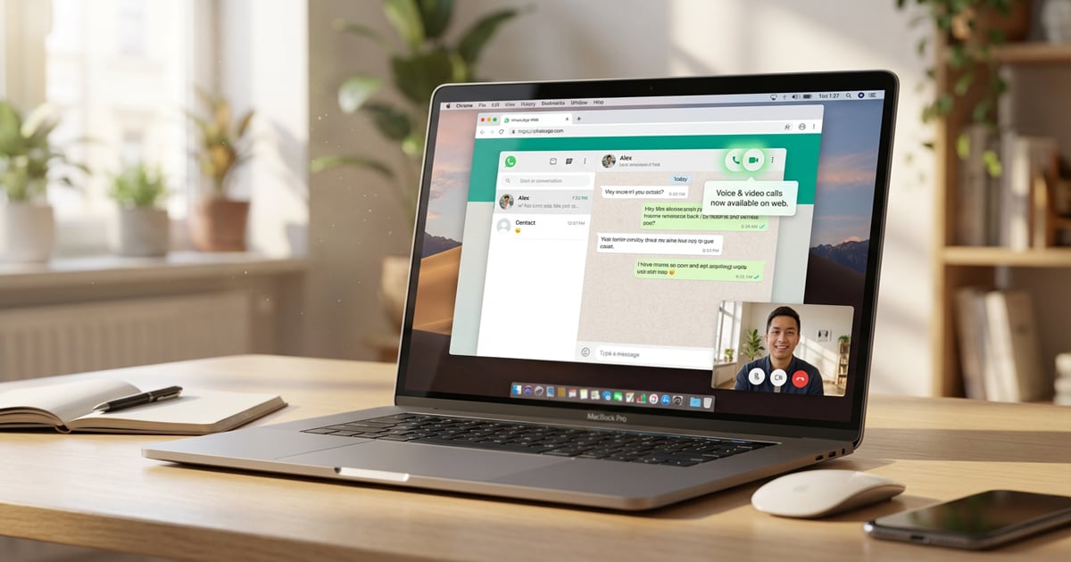 A MacBook Pro on a desk displays WhatsApp Web with an active one on one video call and chat interface open.