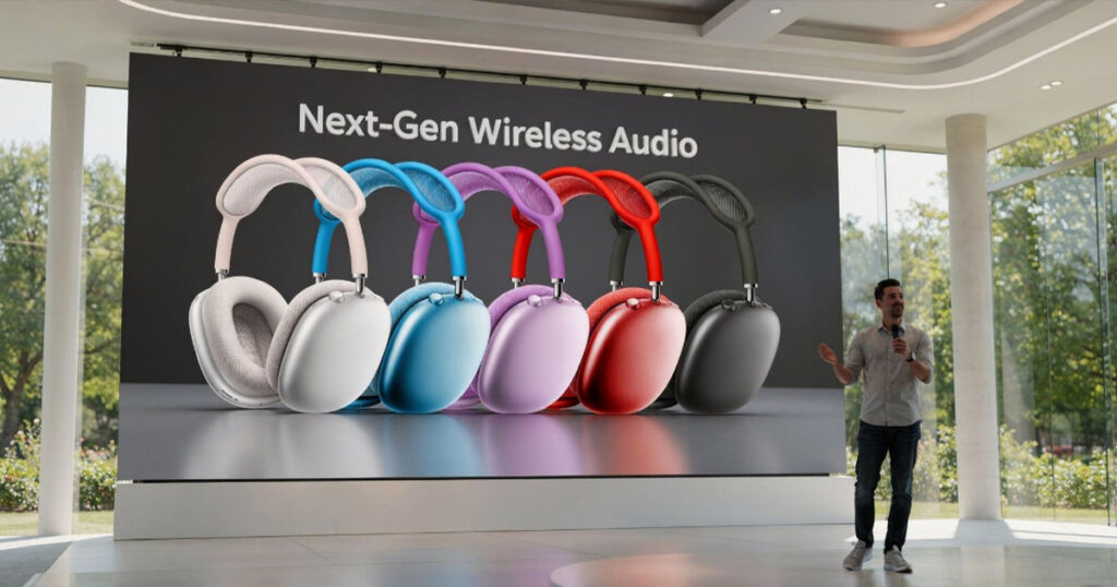 Colorful over ear headphones displayed on stage with Next Gen Wireless Audio text behind them