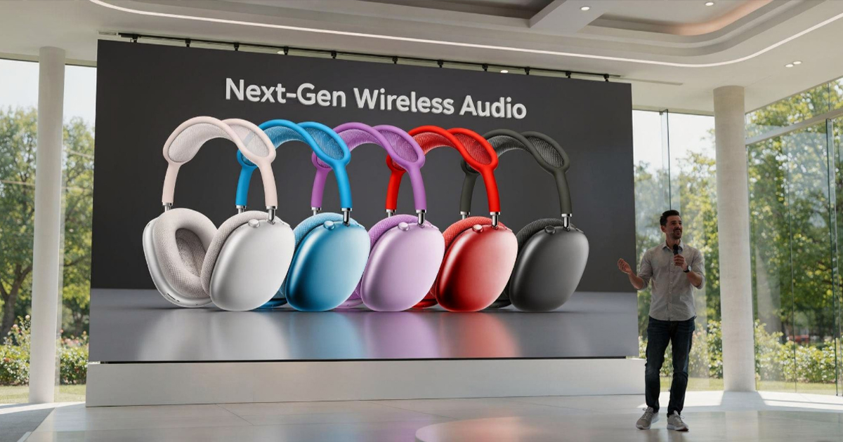 Colorful over ear headphones displayed on stage with Next Gen Wireless Audio text behind them