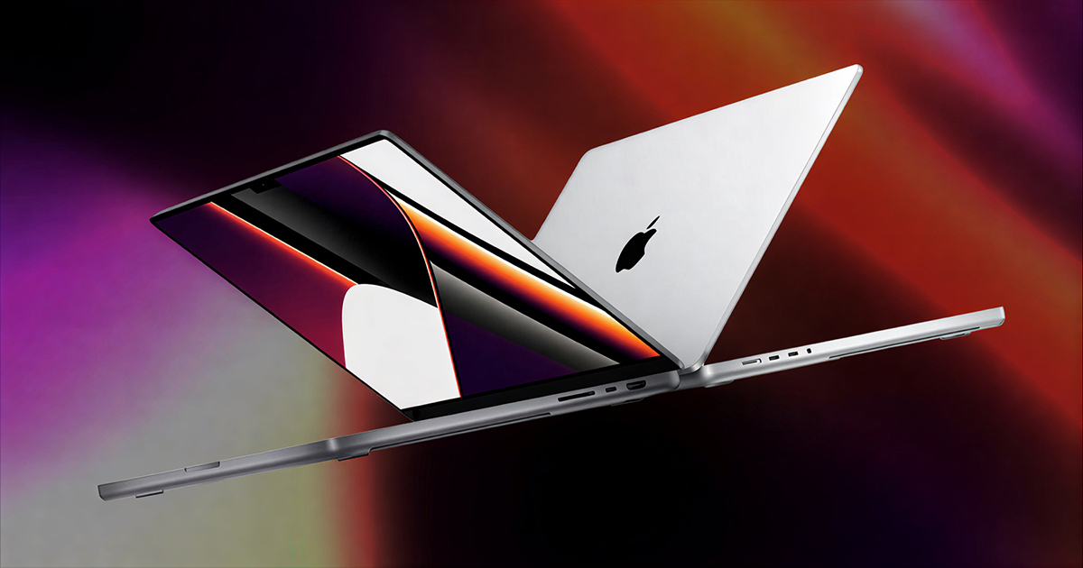 Apple MacBook laptops displayed against colorful gradient background highlighting display technology