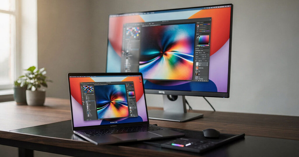 Laptop connected to a 4K external monitor displaying graphic design software on a modern desk workspace