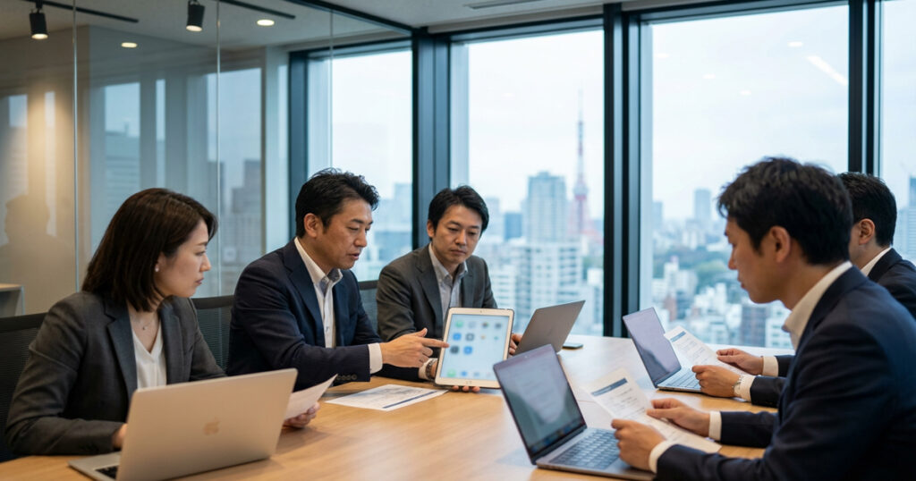 Japanese technology executives meeting in a Tokyo high-rise conference room reviewing financial documents and a tablet during a business discussion