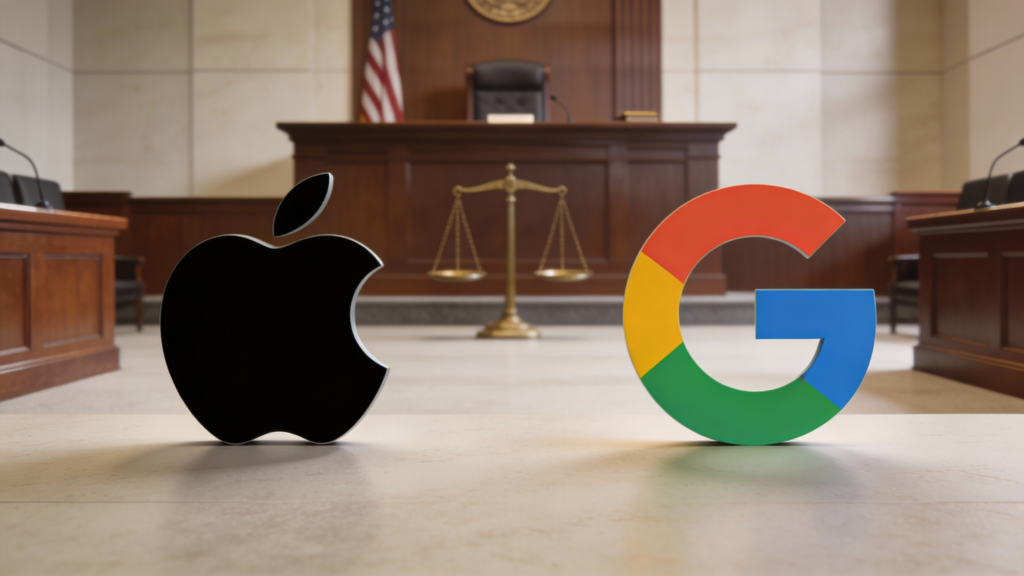 Apple and Google logos displayed inside a courtroom with a judge’s bench and scales of justice in the background