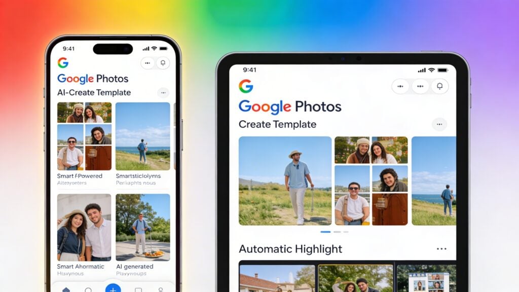 iPhone and iPad displaying Google Photos AI Create Template feature with smart photo collages and automatic highlights on colorful gradient background.