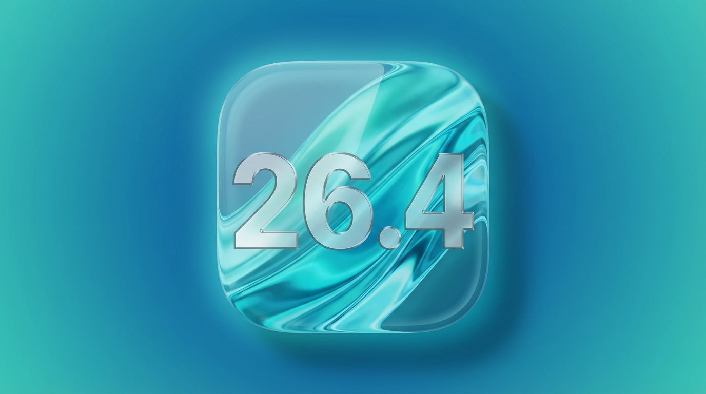 Stylized iOS 26.4 update icon with blue and teal glass design on gradient background.