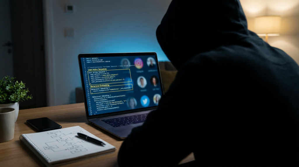 A person wearing a hoodie works on a laptop displaying code and social media icons in a dimly lit room.