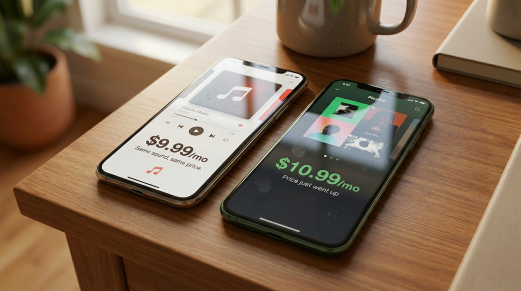 Two smartphones on a wooden table compare music streaming prices, showing Apple Music at $9.99 per month and Spotify at $10.99 per month after a price increase.