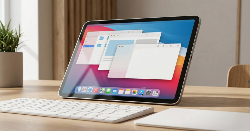 iPad on a wooden desk connected to a keyboard and trackpad, displaying multiple overlapping app windows and the dock for multitasking.