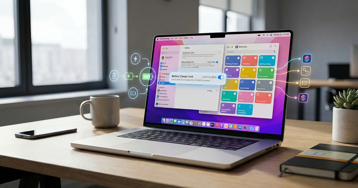 A MacBook Pro on a wooden desk showing the macOS System Settings for 'Battery Charge Limit' set to 80%, alongside the Shortcuts app interface. Glowing digital icons for battery health and shortcut automations float around the laptop screen.