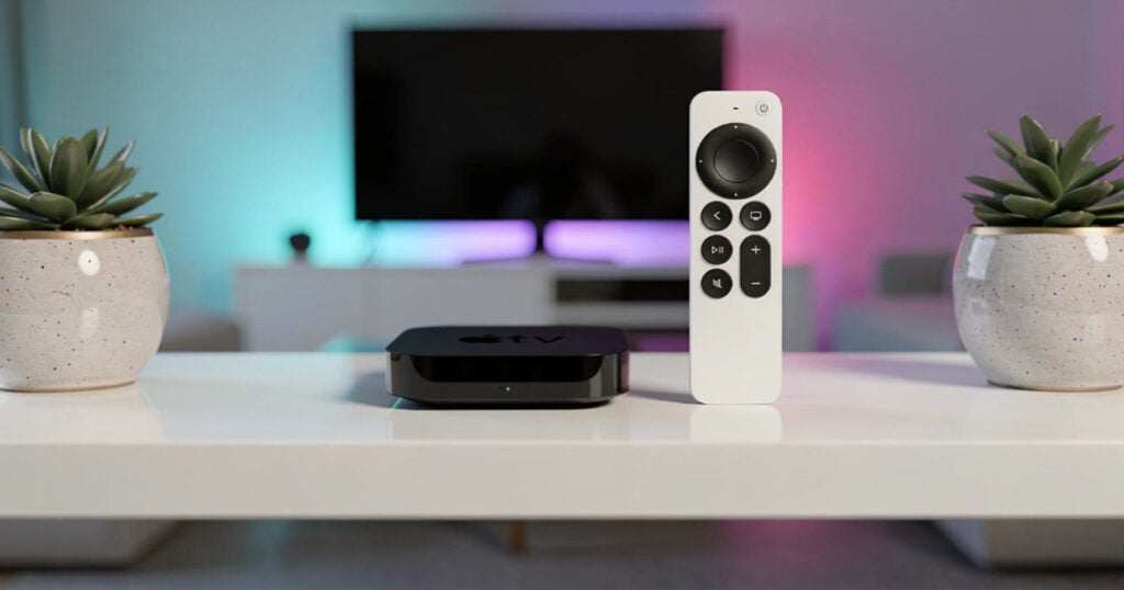 Apple TV set top box and Siri Remote on table in front of television with ambient lighting