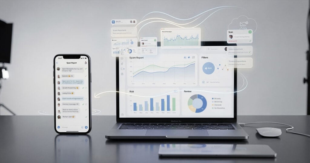 iPhone and laptop displaying spam message reports and analytics dashboards for email and message filtering