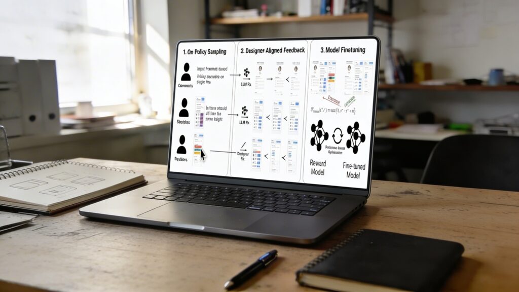 Laptop displaying a machine learning workflow presentation with steps for sampling, feedback, and model fine tuning