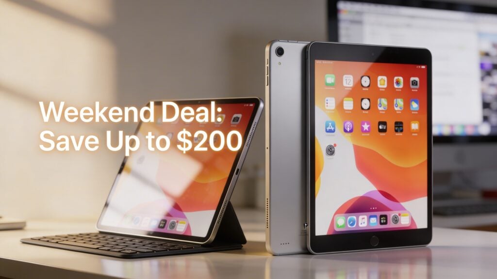 Apple iPads displayed on a desk, one with a keyboard case and another upright, promoting a weekend deal to save up to $200