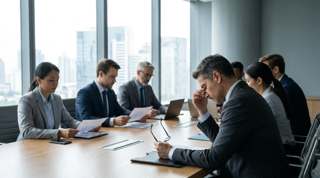 A business meeting inside a high-rise office boardroom where a corporate executive sits in the foreground pinching the bridge of his nose in stress while holding his glasses, as other colleagues review documents and work on laptops around a conference table.