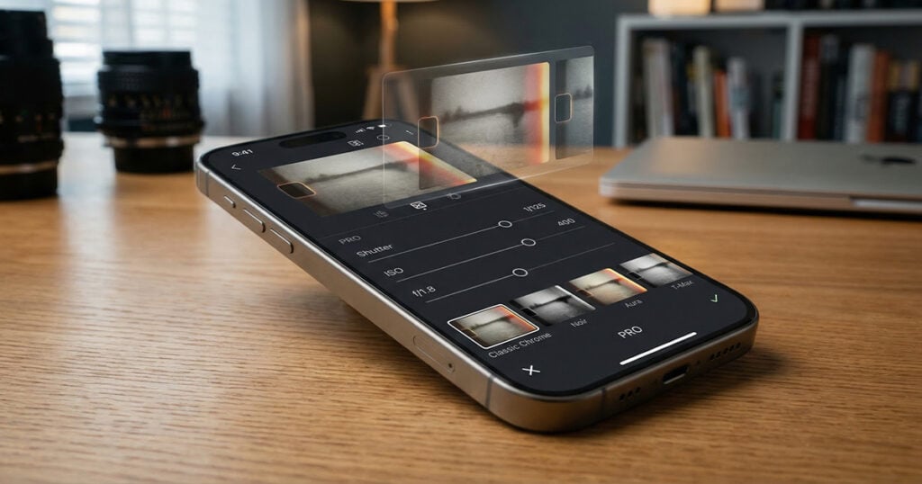 An iPhone resting on a wooden desk displaying the Snapseed Camera app interface. The screen shows manual sliders for Shutter, ISO, and Aperture, with a holographic film frame floating above the screen to represent film emulation filters like Classic Chrome and Noir.