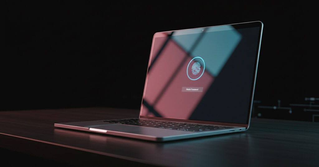A silver laptop sits open on a dark desk in a dim room, its screen showing a glowing teal fingerprint scanner icon above a "Master Password" input field.