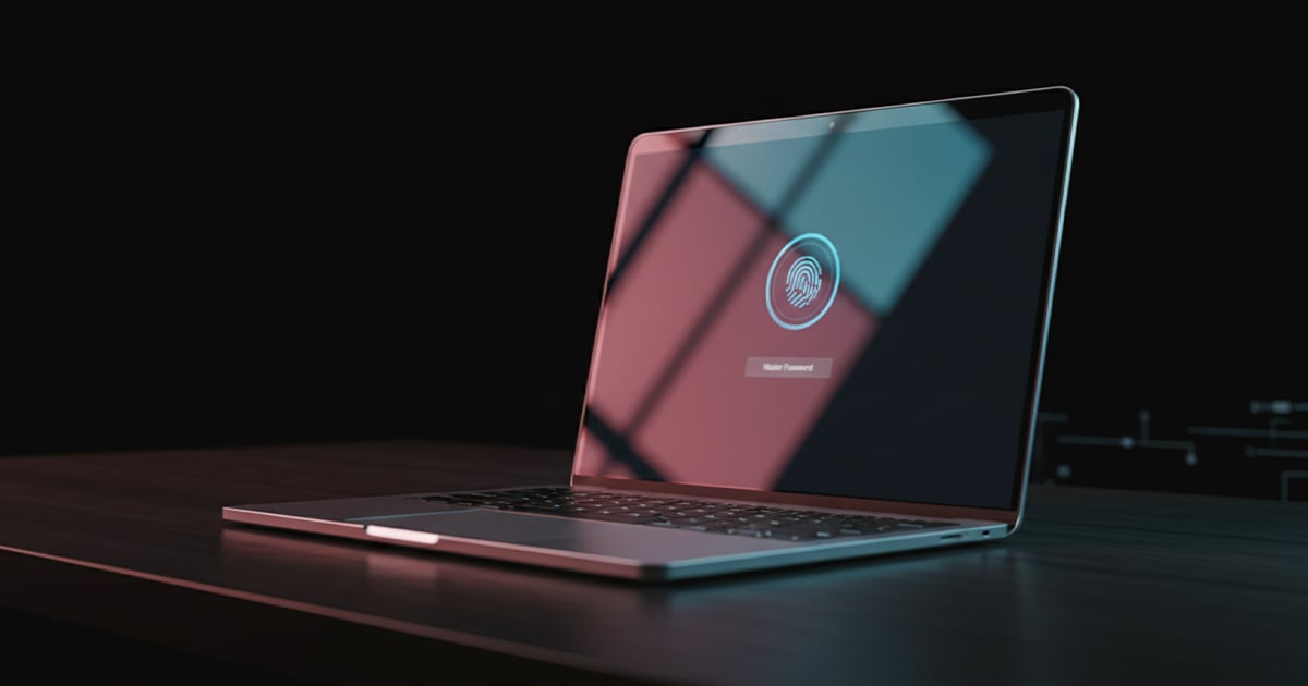 A silver laptop sits open on a dark desk in a dim room, its screen showing a glowing teal fingerprint scanner icon above a "Master Password" input field.