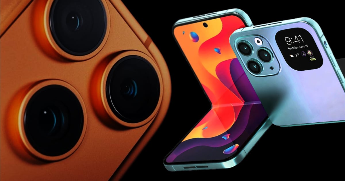 Close-up of an orange iPhone's triple-lens camera module on the left, beside two teal foldable iPhone concept renders showing a colorful abstract wallpaper and a cover display reading 9:41.