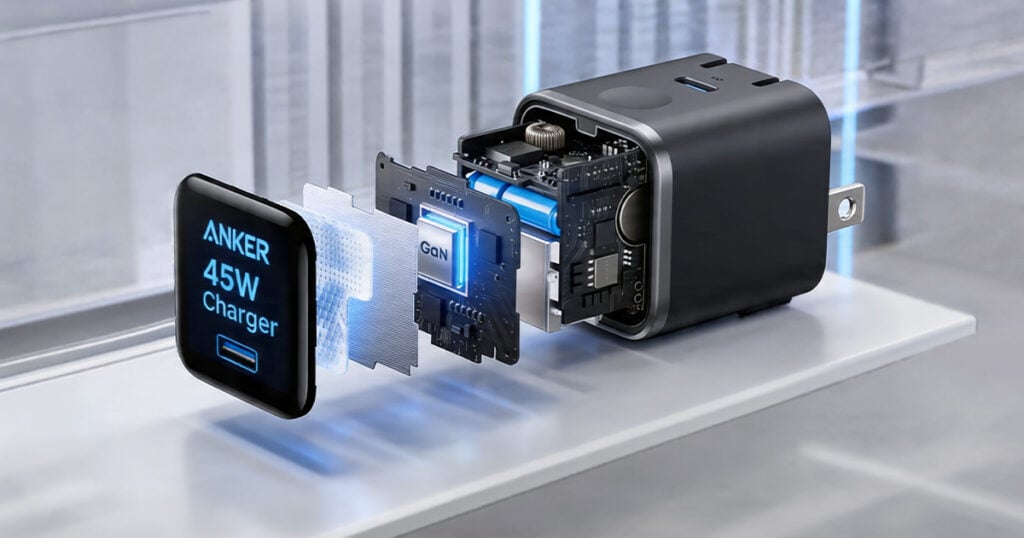 Exploded view of a black Anker 45W GaN charger with its internal circuit board, battery cell, and GaN chip separated, next to a display panel reading "ANKER 45W Charger" with a USB-C icon.