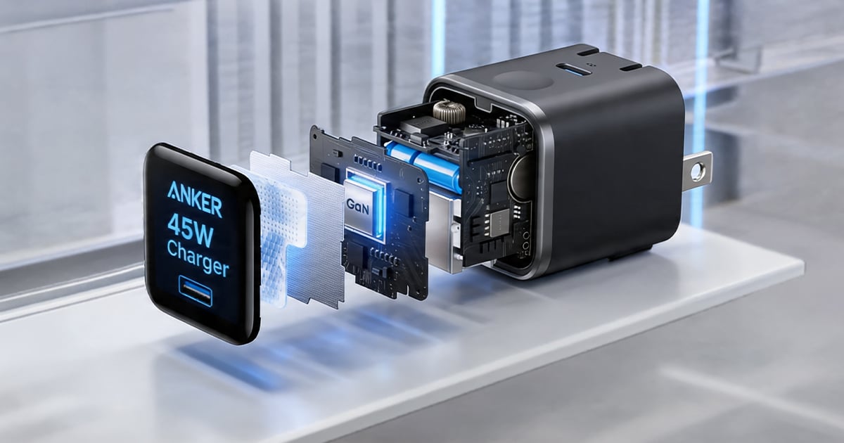 Exploded view of a black Anker 45W GaN charger with its internal circuit board, battery cell, and GaN chip separated, next to a display panel reading "ANKER 45W Charger" with a USB-C icon.