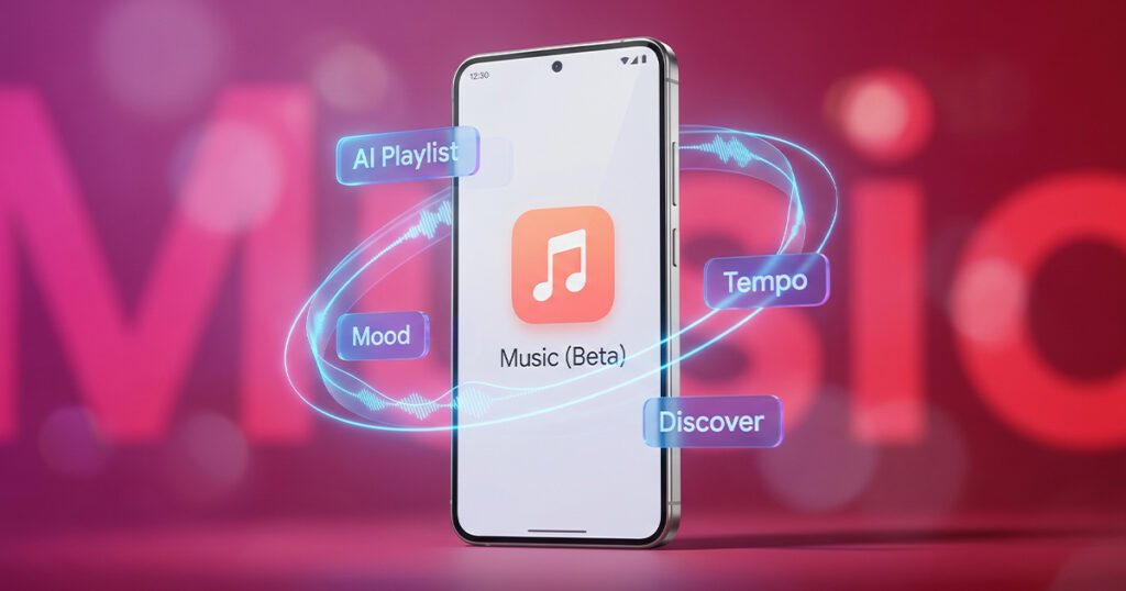 A smartphone stands upright showing a coral music note app icon labeled "Music (Beta)," ringed by glowing blue sound waves and floating labels reading AI Playlist, Mood, Tempo, and Discover on a pink and red background.