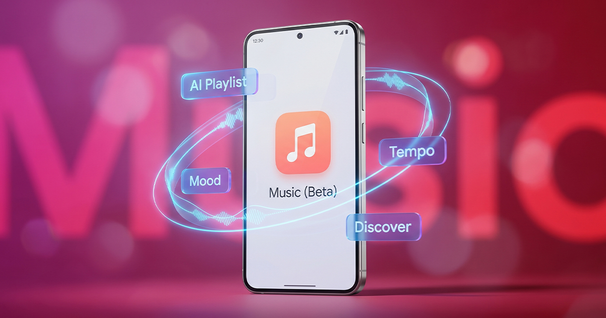 A smartphone stands upright showing a coral music note app icon labeled "Music (Beta)," ringed by glowing blue sound waves and floating labels reading AI Playlist, Mood, Tempo, and Discover on a pink and red background.