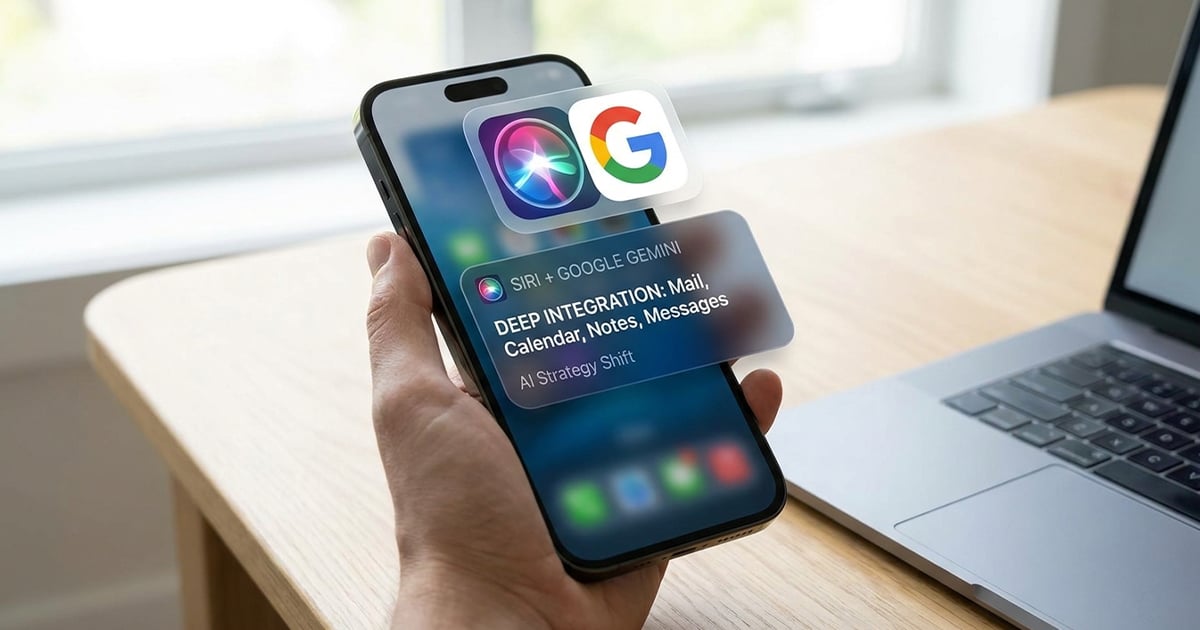 Hand holding an iPhone with floating Siri and Google logos above a notification card reading "Siri + Google Gemini, Deep Integration: Mail, Calendar, Notes, Messages"